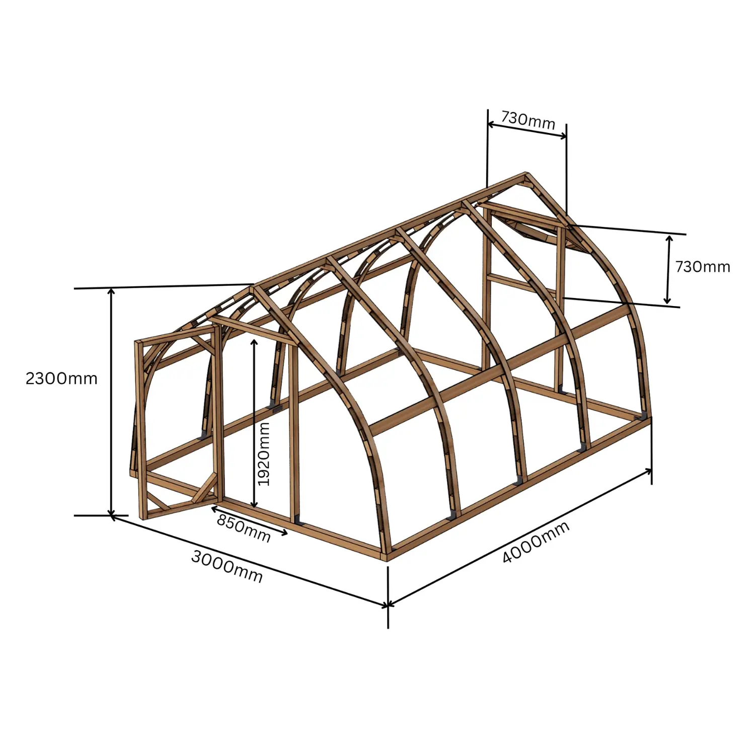 Technical diagram showing the frame dimensions of the Tree 300 wooden greenhouse