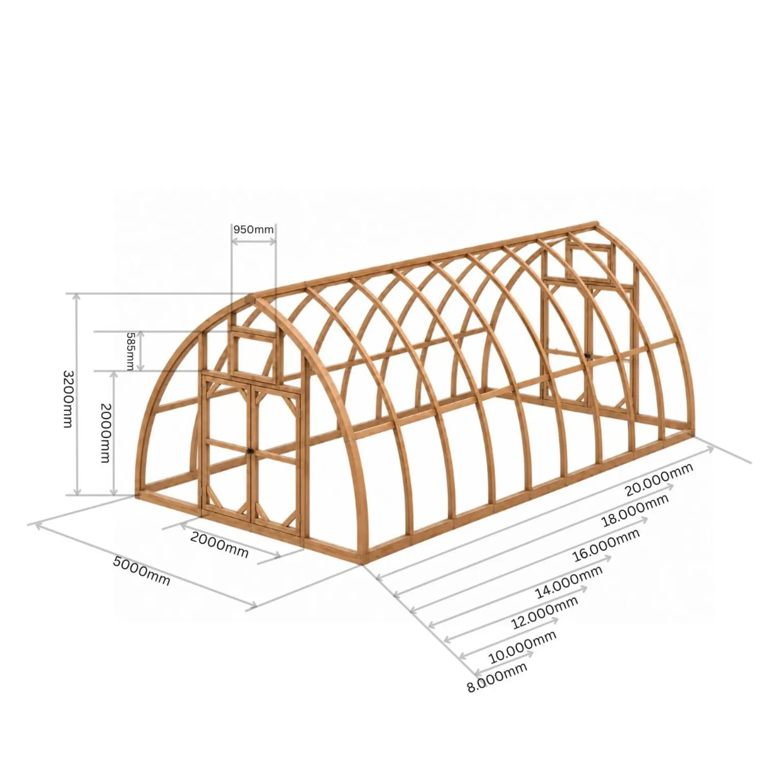 Technical diagram showing the frame measurements for the Tree 500 wooden greenhouse