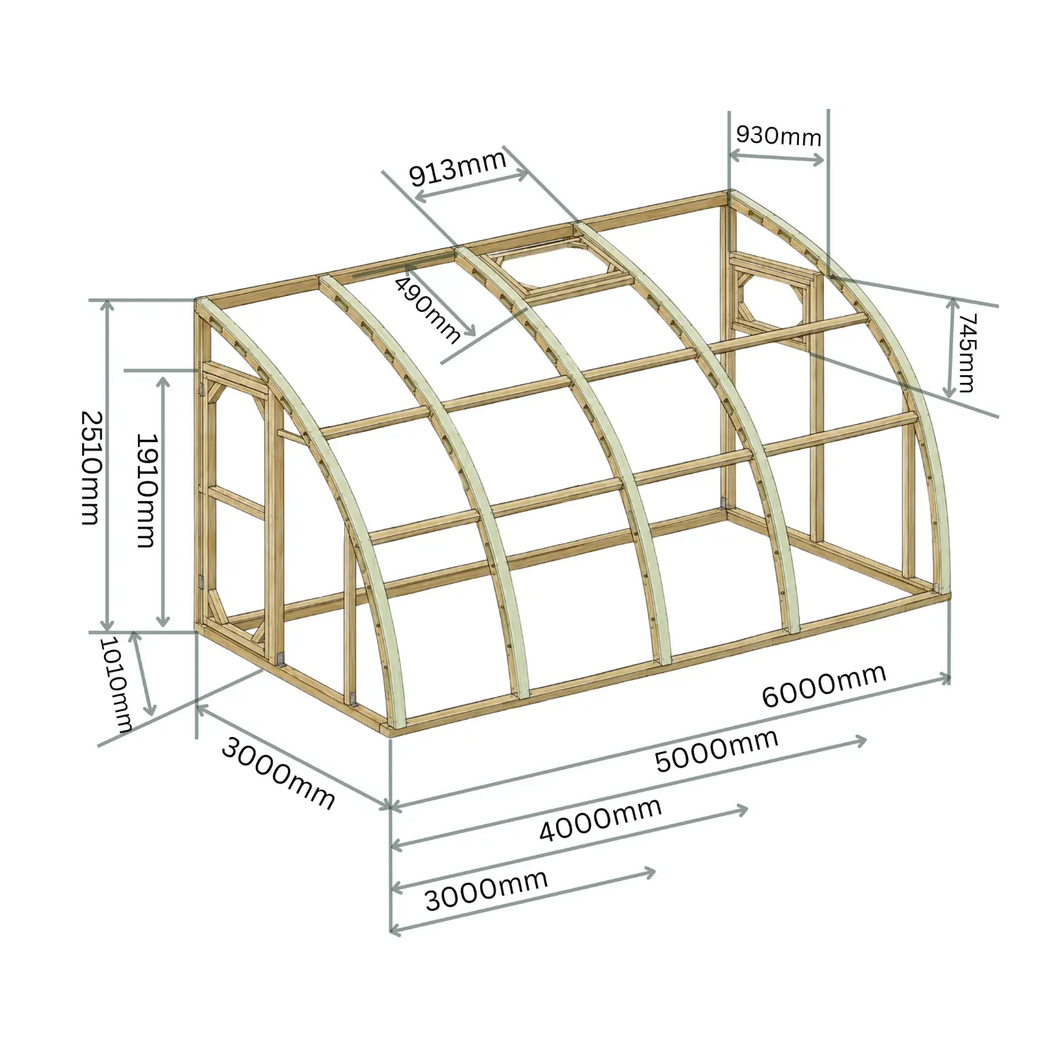 Technical diagram of the Norhage wooden greenhouse Wall 300 frame with detailed measurements