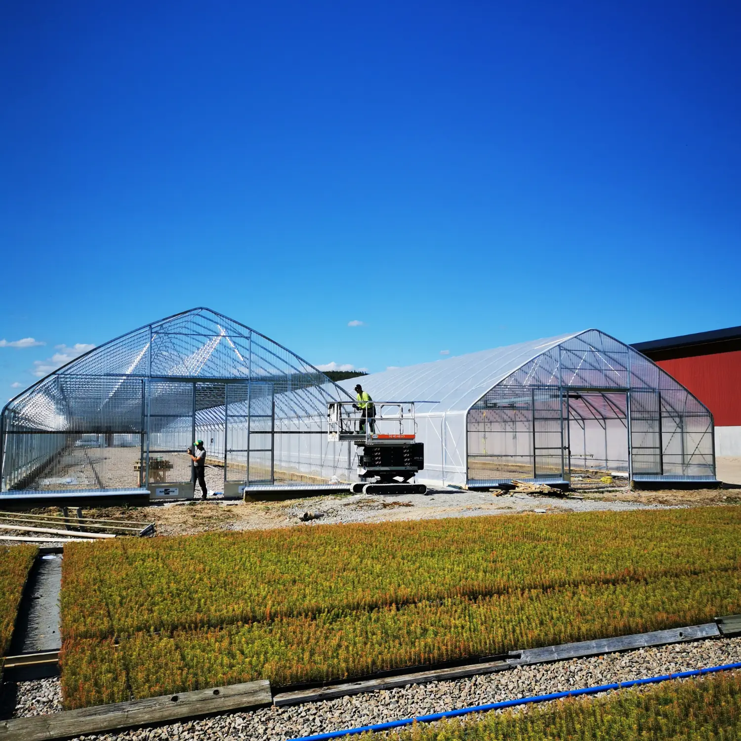 Two industrial greenhouses assembly in progress